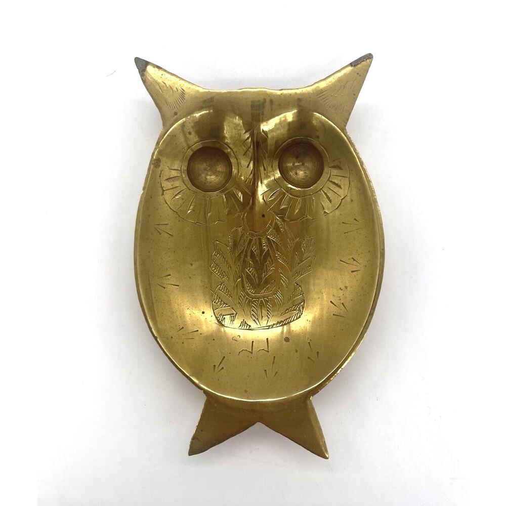 Vintage Sarna Brass India 2587 Solid Brass Etched Owl Trinket Dish Holder 4.25"